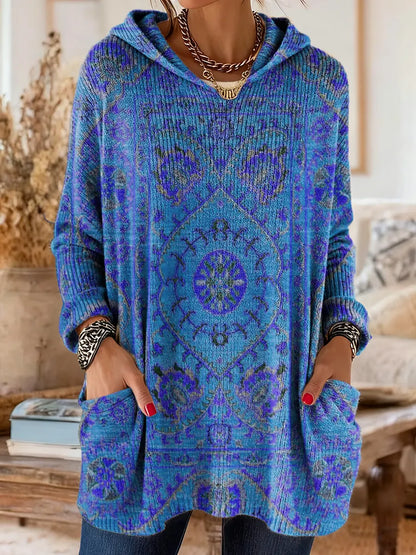 Maya | Retro Ethnic Print Hooded Knit Tunic with Pockets