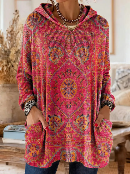 Maya | Retro Ethnic Print Hooded Knit Tunic with Pockets